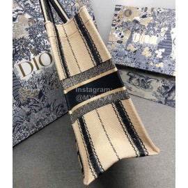 DIOR BOOK TOTE Apricot Black Stripe Embroidery Canvas Bag Large