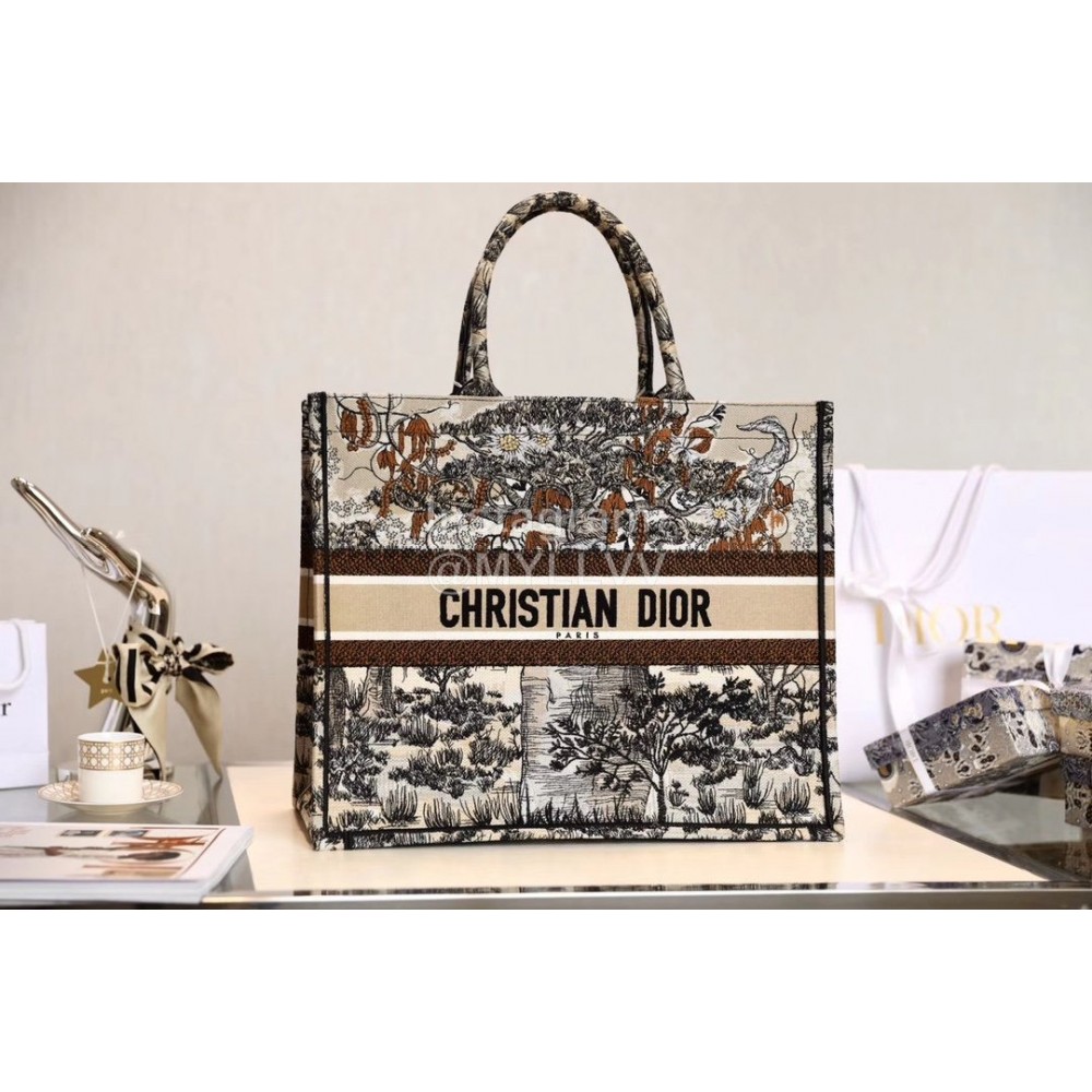 DIOR BOOK TOTE Beige Forest Oblique Embroidery Canvas Bag Large