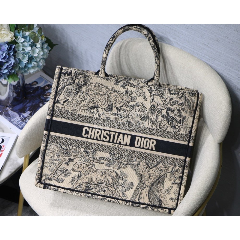 DIOR BOOK TOTE Black Tiger Oblique Embroidery Canvas Bag Large