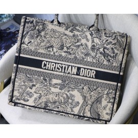 DIOR BOOK TOTE Black Tiger Oblique Embroidery Canvas Bag Large