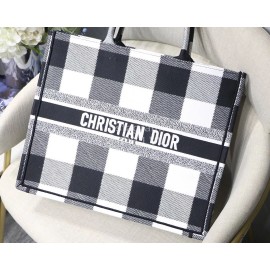 DIOR BOOK TOTE Black White Lattice Oblique Embroidery Canvas Bag Large