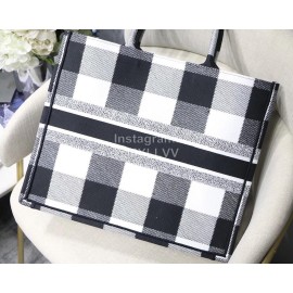 DIOR BOOK TOTE Black White Lattice Oblique Embroidery Canvas Bag Large