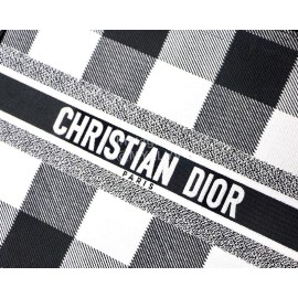 DIOR BOOK TOTE Black White Lattice Oblique Embroidery Canvas Bag Large