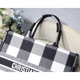 DIOR BOOK TOTE Black White Lattice Oblique Embroidery Canvas Bag Large