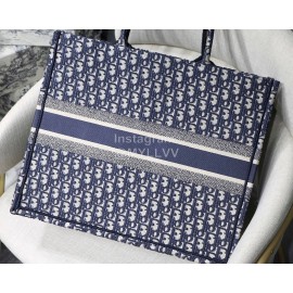 DIOR BOOK TOTE Blue Oblique Embroidery Canvas Bag Large