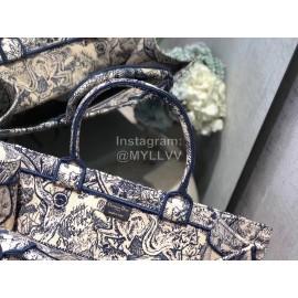 DIOR BOOK TOTE Blue Tiger Oblique Embroidery Canvas Bag Large