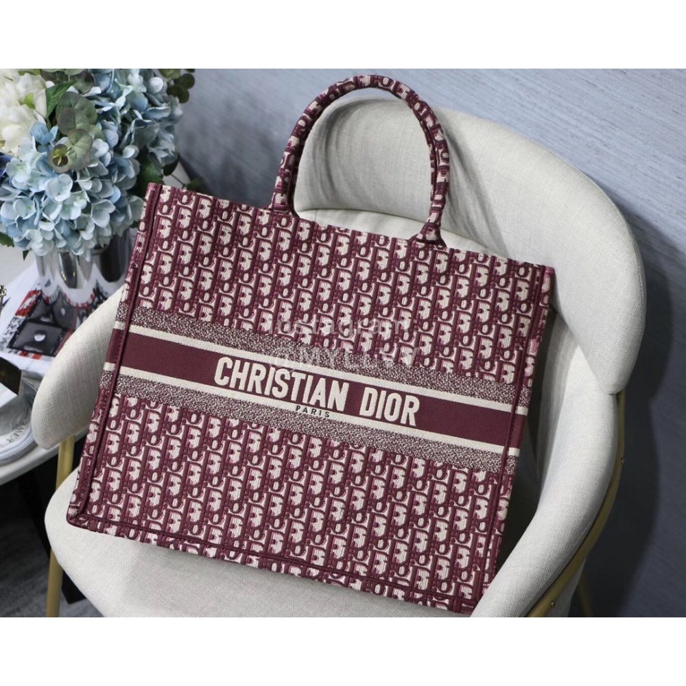 DIOR BOOK TOTE Burgundy Oblique Embroidery Canvas Bag Large