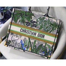 DIOR BOOK TOTE Green Coconut Tree Oblique Embroidery Canvas Bag Large