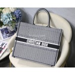 DIOR BOOK TOTE Houndstooth White Oblique Embroidery Canvas Bag Large