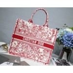 DIOR BOOK TOTE Red Flower Oblique Embroidery Canvas Bag Large