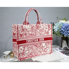 DIOR BOOK TOTE Red Flower Oblique Embroidery Canvas Bag Large