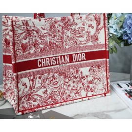 DIOR BOOK TOTE Red Flower Oblique Embroidery Canvas Bag Large