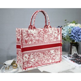 DIOR BOOK TOTE Red Flower Oblique Embroidery Canvas Bag Large