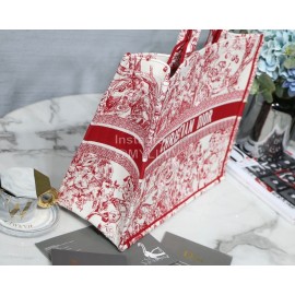 DIOR BOOK TOTE Red Flower Oblique Embroidery Canvas Bag Large