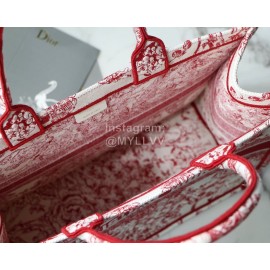 DIOR BOOK TOTE Red Flower Oblique Embroidery Canvas Bag Large