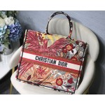 DIOR BOOK TOTE Red Phoenix Oblique Embroidery Canvas Bag Large