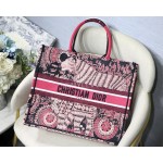DIOR BOOK TOTE Rose Red Lion Oblique Embroidery Canvas Bag Large