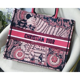 DIOR BOOK TOTE Rose Red Lion Oblique Embroidery Canvas Bag Large