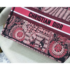 DIOR BOOK TOTE Rose Red Lion Oblique Embroidery Canvas Bag Large