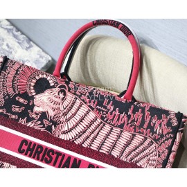 DIOR BOOK TOTE Rose Red Lion Oblique Embroidery Canvas Bag Large