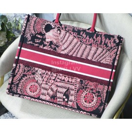 DIOR BOOK TOTE Rose Red Lion Oblique Embroidery Canvas Bag Large