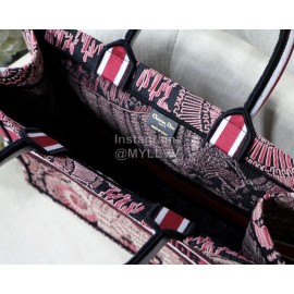 DIOR BOOK TOTE Rose Red Lion Oblique Embroidery Canvas Bag Large