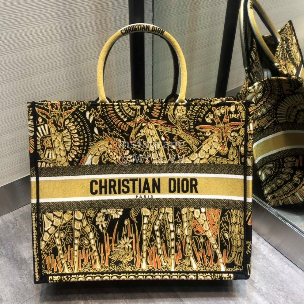 DIOR BOOK TOTE Yellow Giraffe Oblique Embroidery Canvas Bag Large