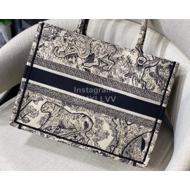 DIOR BOOK TOTE Black Tiger Oblique Embroidery Canvas Bag Small