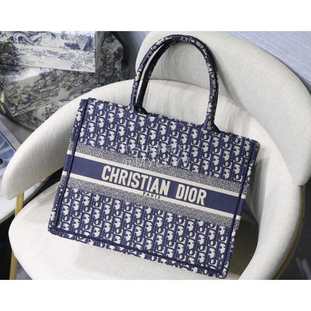DIOR BOOK TOTE Blue Oblique Embroidery Canvas Bag Small