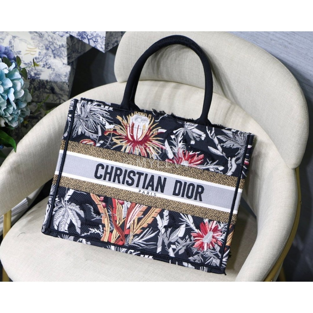 DIOR BOOK TOTE Garden Series Black M1286 Oblique Embroidery Canvas Bag Large