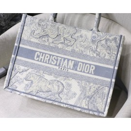 DIOR BOOK TOTE Grey Tiger Oblique Embroidery Canvas Bag Small