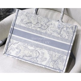 DIOR BOOK TOTE Grey Tiger Oblique Embroidery Canvas Bag Small