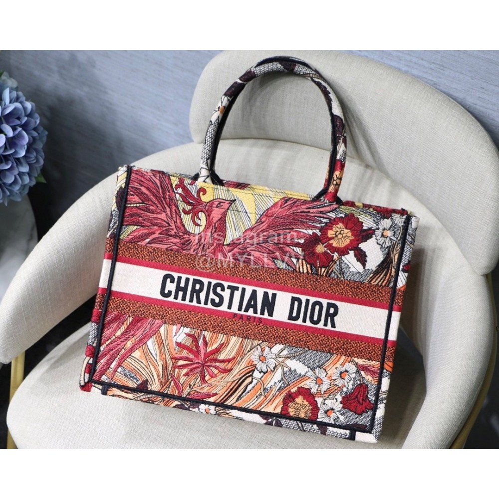 DIOR BOOK TOTE Red Phoenix Oblique Embroidery Canvas Bag Small