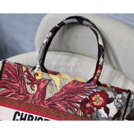 DIOR BOOK TOTE Red Phoenix Oblique Embroidery Canvas Bag Small