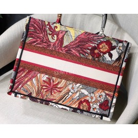 DIOR BOOK TOTE Red Phoenix Oblique Embroidery Canvas Bag Small