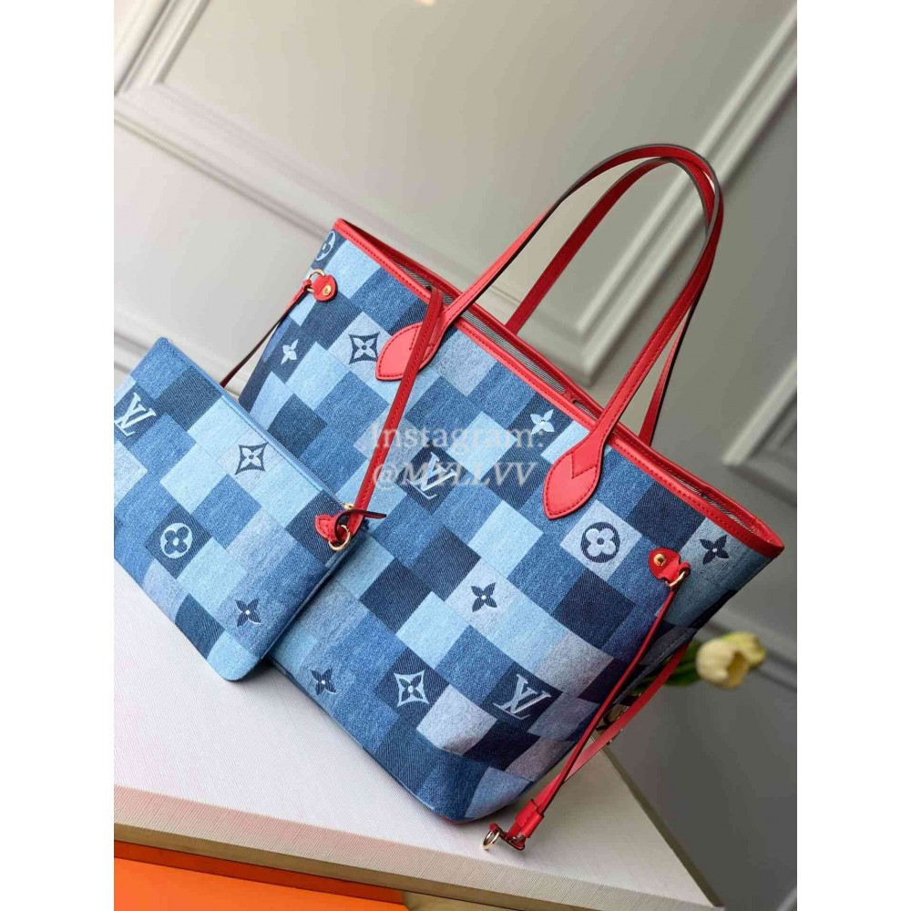 Louis Vuitton Monogram Denim Canvas Neverfull MM Tote Medium Size Bag For Women Blue/Red M44981
