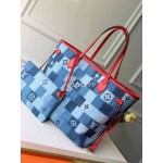 Louis Vuitton Monogram Denim Canvas Neverfull MM Tote Medium Size Bag For Women Blue/Red M44981