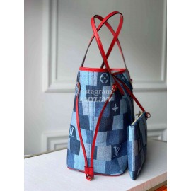 Louis Vuitton Monogram Denim Canvas Neverfull MM Tote Medium Size Bag For Women Blue/Red M44981