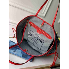 Louis Vuitton Monogram Denim Canvas Neverfull MM Tote Medium Size Bag For Women Blue/Red M44981