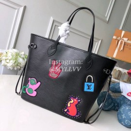 Louis Vuitton Epi Grained Cowhide Leather Neverfull MM Tote Medium Size Bag For Women Black / Purple M54270