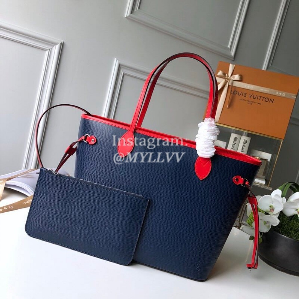 Louis Vuitton Epi Grained Cowhide Leather Neverfull MM Tote Medium Size Bag For Women Indigo Blue/Coquelicot Red M54270