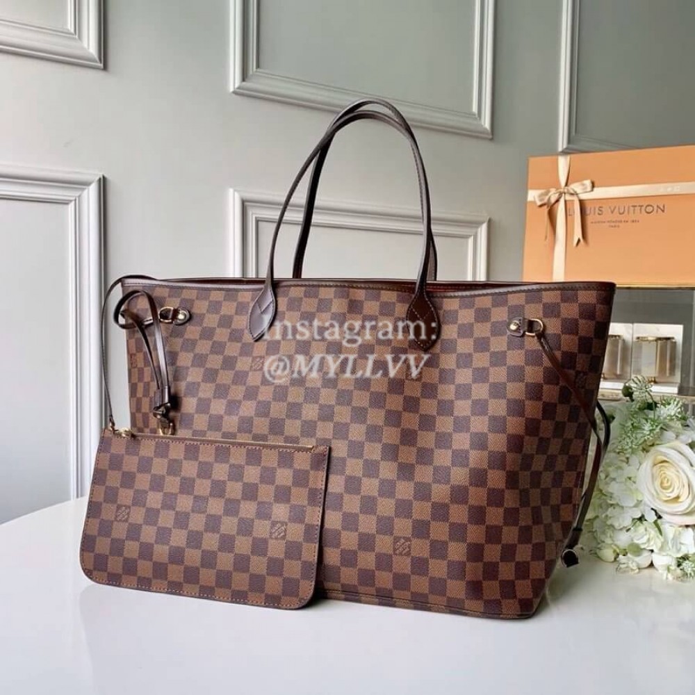 Louis Vuitton Damier Ebene Canvas Neverfull GM Tote Large Size Bag For Women Cerise Red N41357