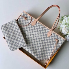 Louis Vuitton Damier Azur Canvas Neverfull MM Tote Medium Size Bag For Women Beige N41361