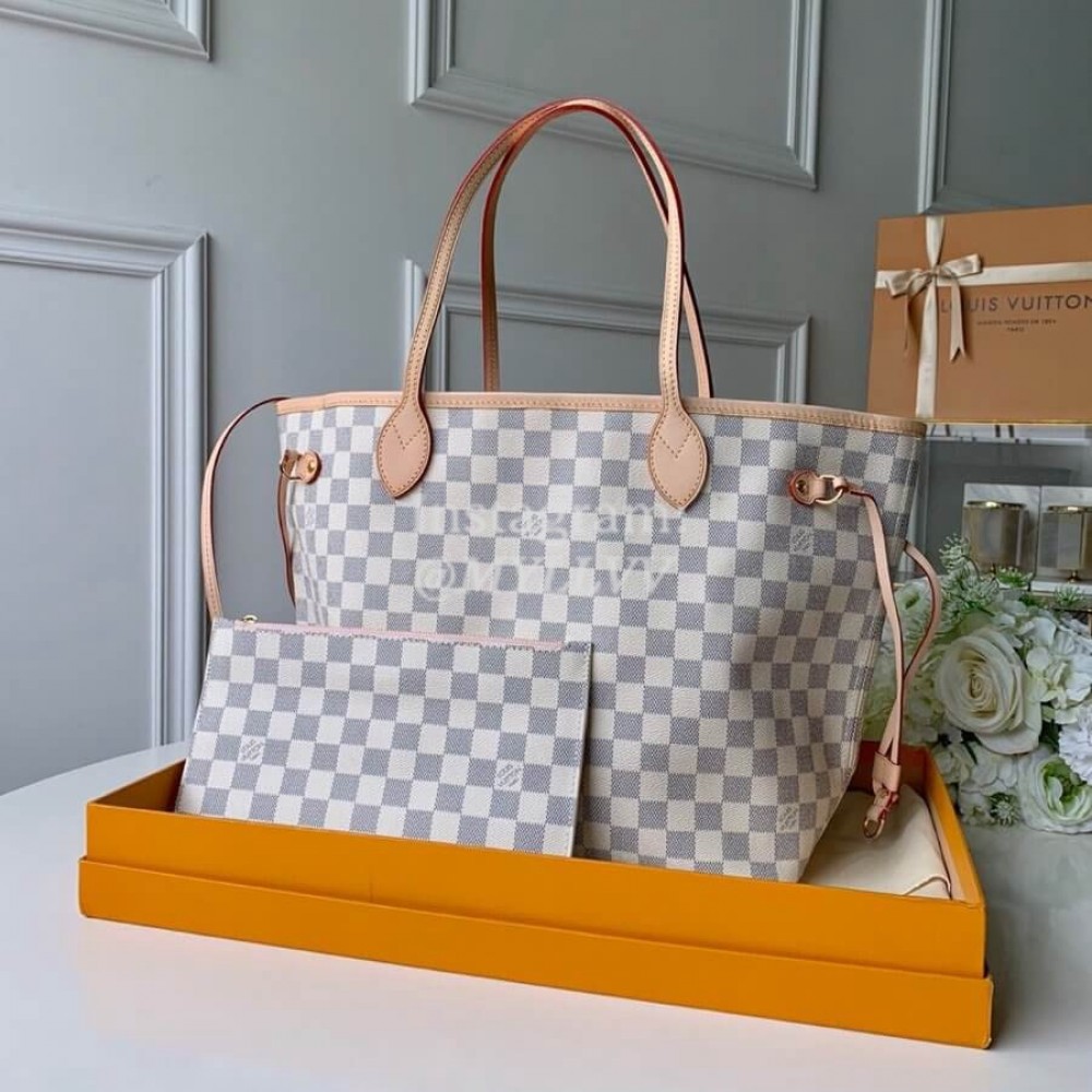 Louis Vuitton Damier Azur Canvas Neverfull MM Tote Medium Size Bag For Women Rose Ballerine Pink N41605