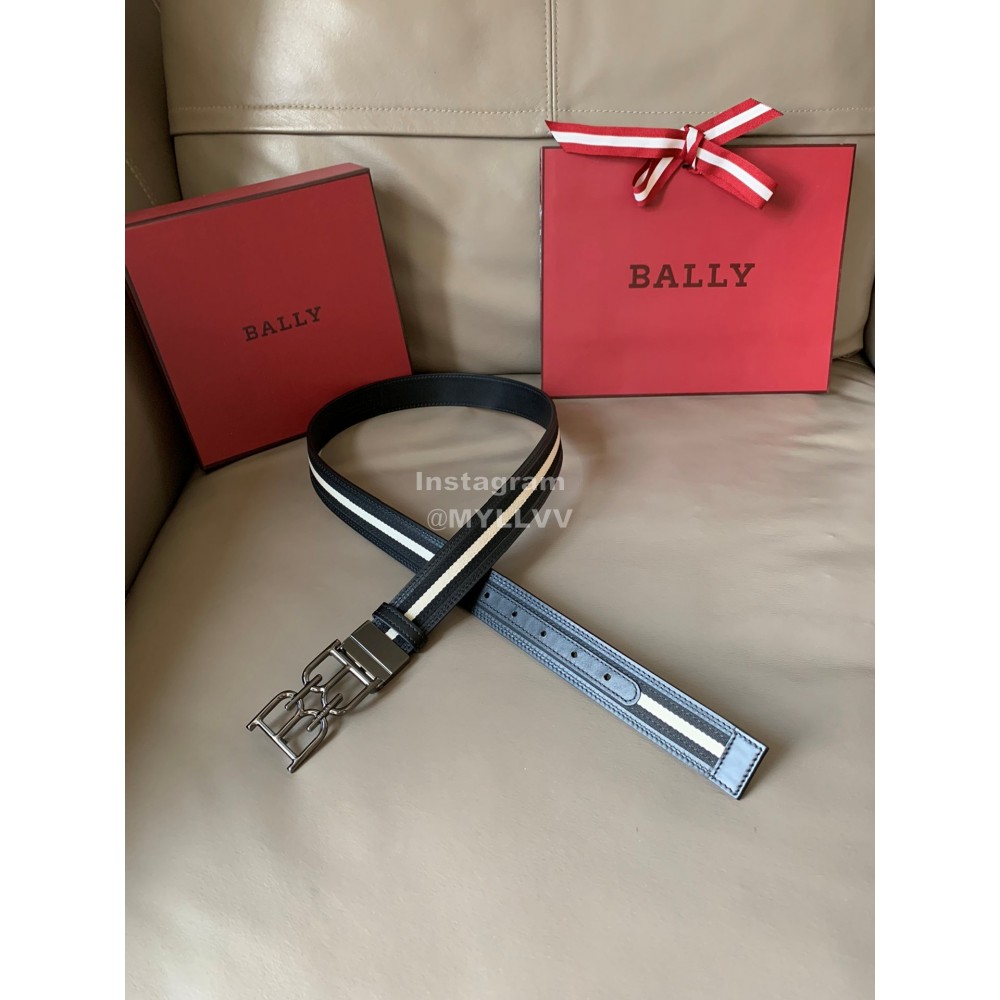 Bally Calf Leather Stripe Double B-Shaped Buckle 34mm Belt Black