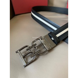 Bally Calf Leather Stripe Double B-Shaped Buckle 34mm Belt Black