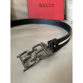 Bally Calf Leather Stripe Double B-Shaped Buckle 34mm Belt Black