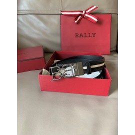 Bally Calf Leather Stripe Double B-Shaped Buckle 34mm Belt Black