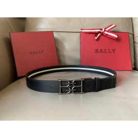 Bally Calf Leather Stripe Double B-Shaped Buckle 34mm Belt Black