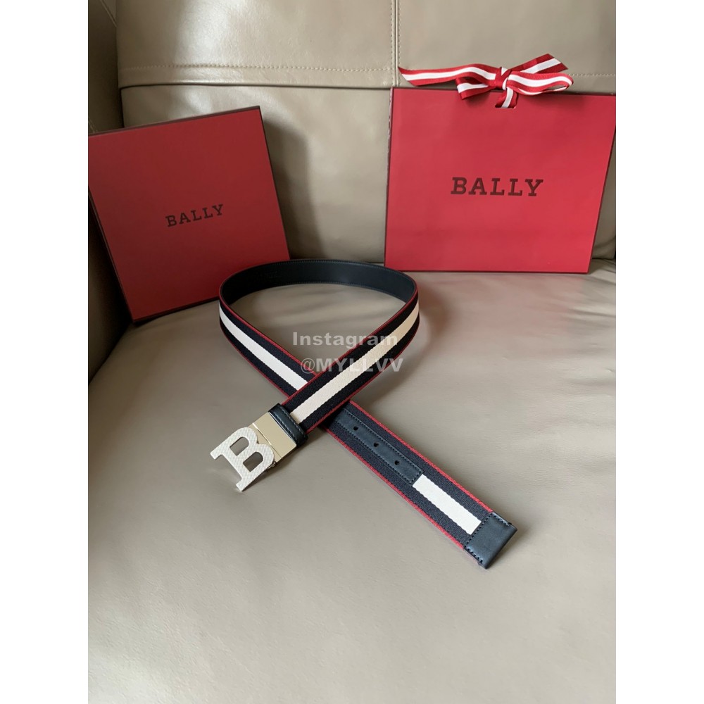 Bally Calf Leather Stripe Silver B Buckle 34mm Belt Black